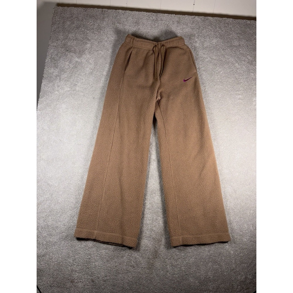 Nike Sweatpants Women S Tan Sherpa Therma-Fit Wide Leg Pocket Fleece Swoosh